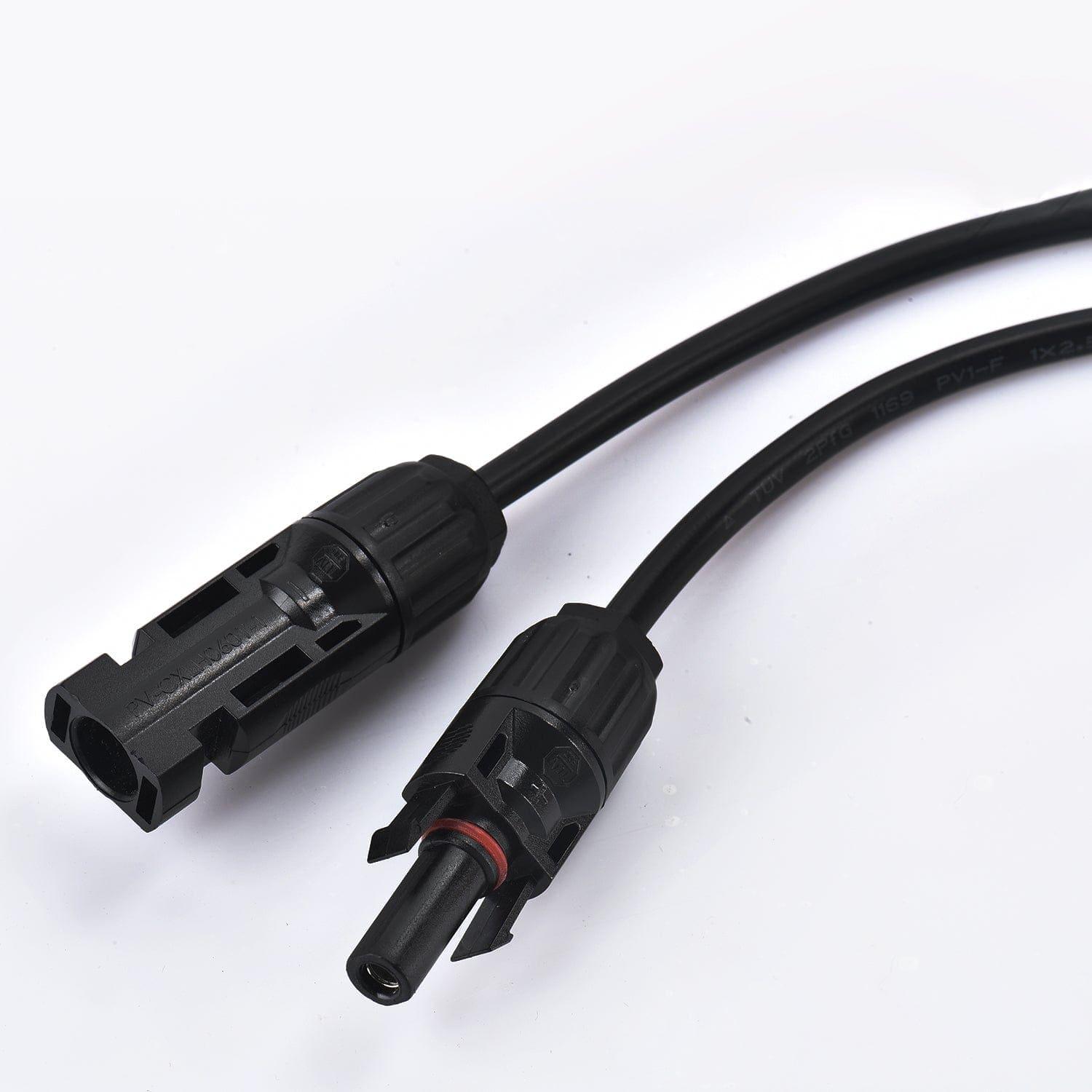 A close-up view of two black Nature's Generator electrical connectors attached to cables on a white background; these heavy duty extension cord connectors have pin and socket designs for secure fitting.