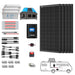 An off-grid solar power system setup by ACOPOWER includes four solar panels, deep cycle batteries, an inverter, a charge controller, cables, connectors, and a detailed diagram of a van showcasing the solar installation.