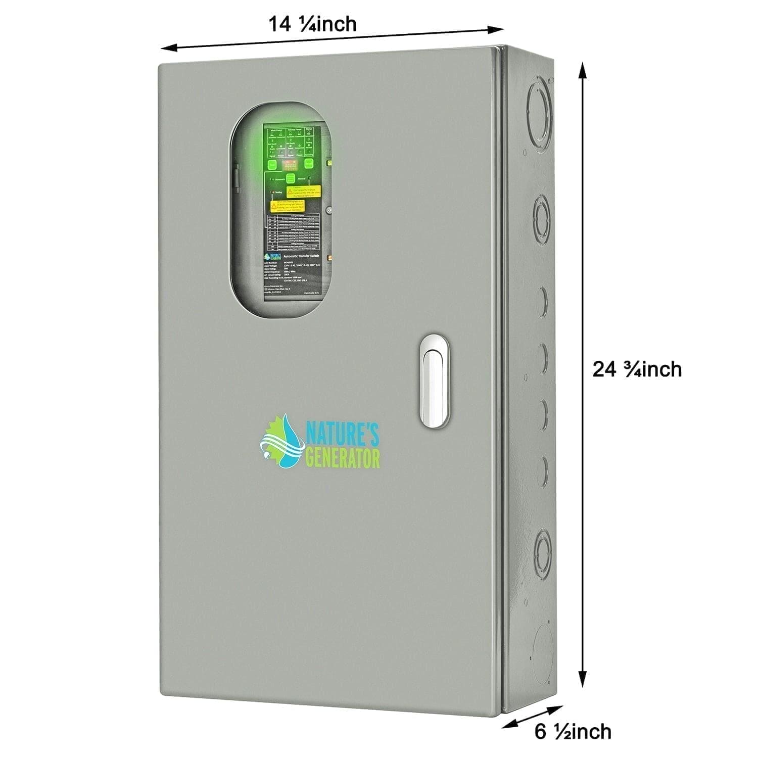 A gray Nature's Generator electrical box features a control panel behind a small window. Ideal for whole home backup, it measures 14 1/4" W x 24 3/4" H x 6 1/2" D. Brand: Nature's Generator.