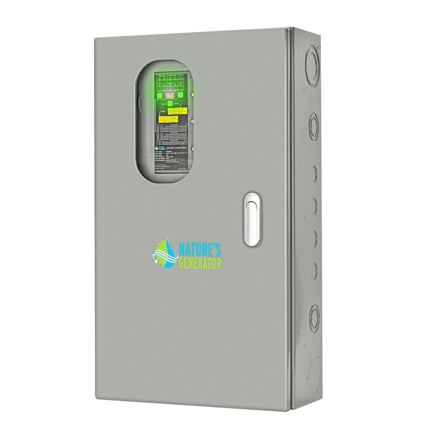 A gray metal electrical panel box with a small window and Nature's Generator branding on the front. It features a handle, multiple circular knockouts, and functions as an automatic transfer switch for seamless backup power management.