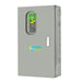 A gray metal electrical panel box with a small window and Nature's Generator branding on the front. It features a handle, multiple circular knockouts, and functions as an automatic transfer switch for seamless backup power management.