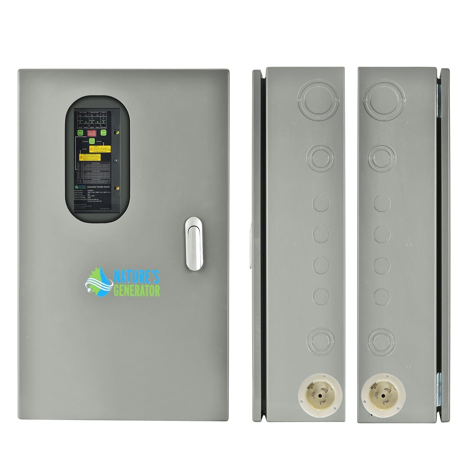 A gray Nature's Generator electrical power panel features a small window revealing circuit breakers, the brand logo, and side views with circular outlets plus multiple knockout holes for convenient backup power management.