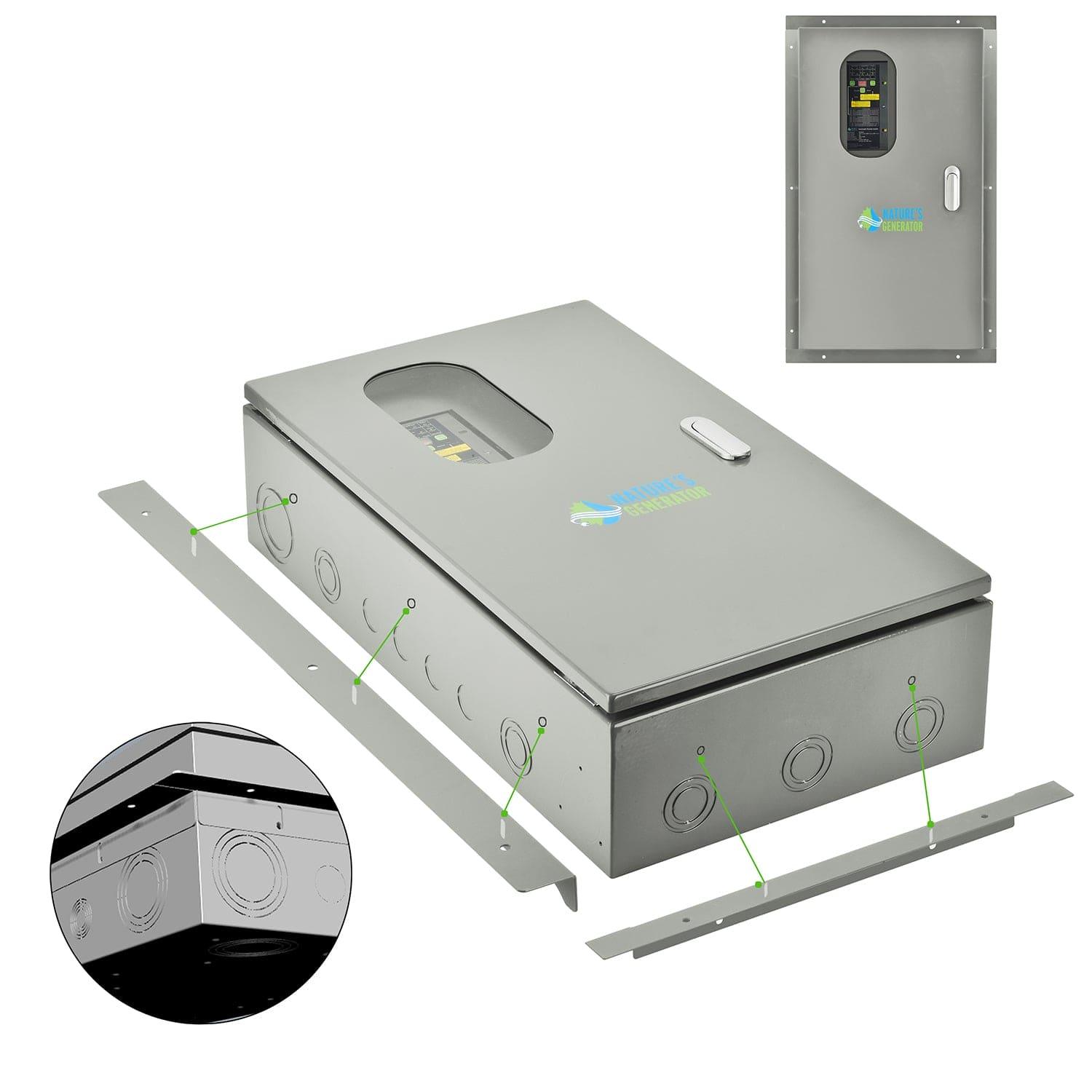 The Nature's Generator Power Panel is a rectangular metal electrical enclosure with a hinged door, multiple side knockout holes, and loose mounting brackets—perfect for home generator transfer switch or backup power management needs.