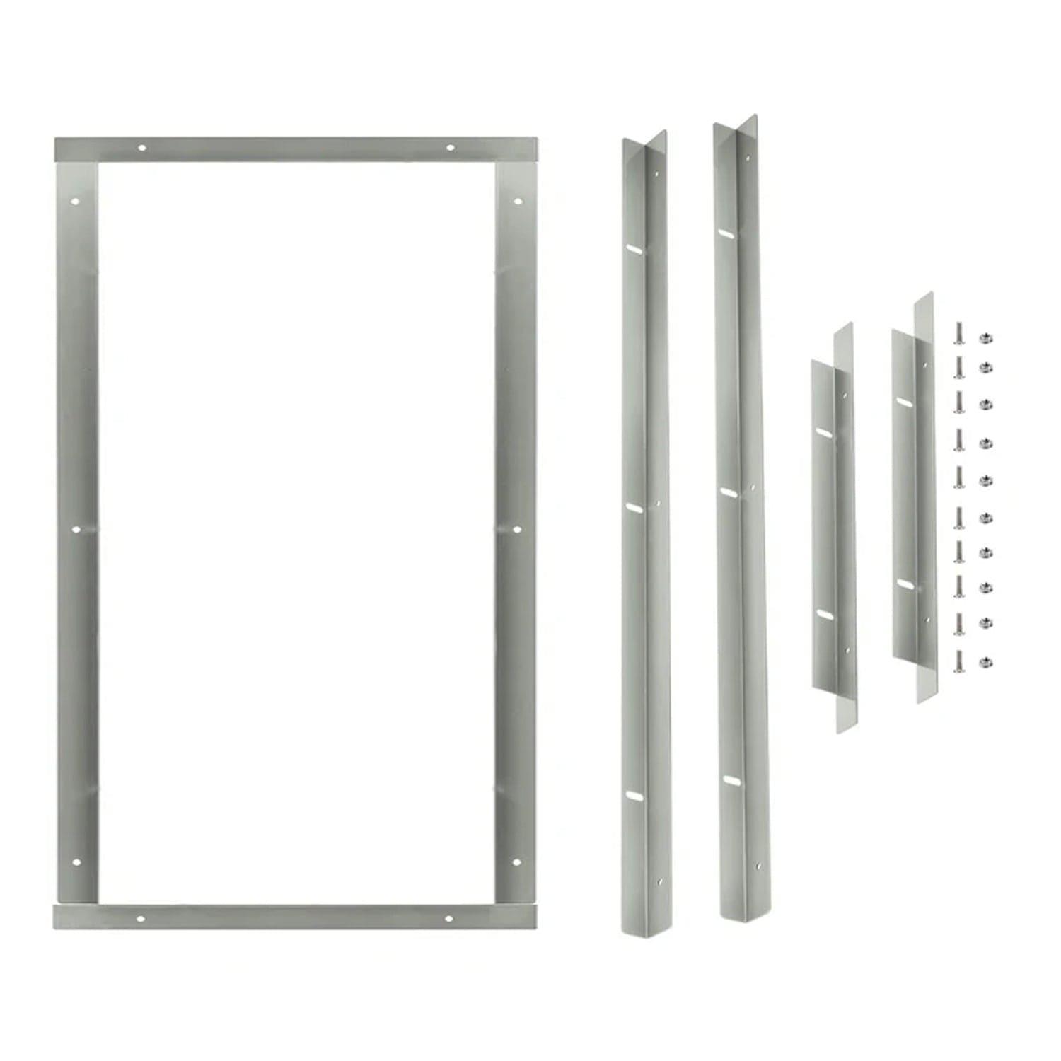 A Nature's Generator metal door frame kit is shown, featuring two rectangular frame pieces, four angled side pieces, and a set of screws and bolts—perfect for setups near an automatic or home generator transfer switch.