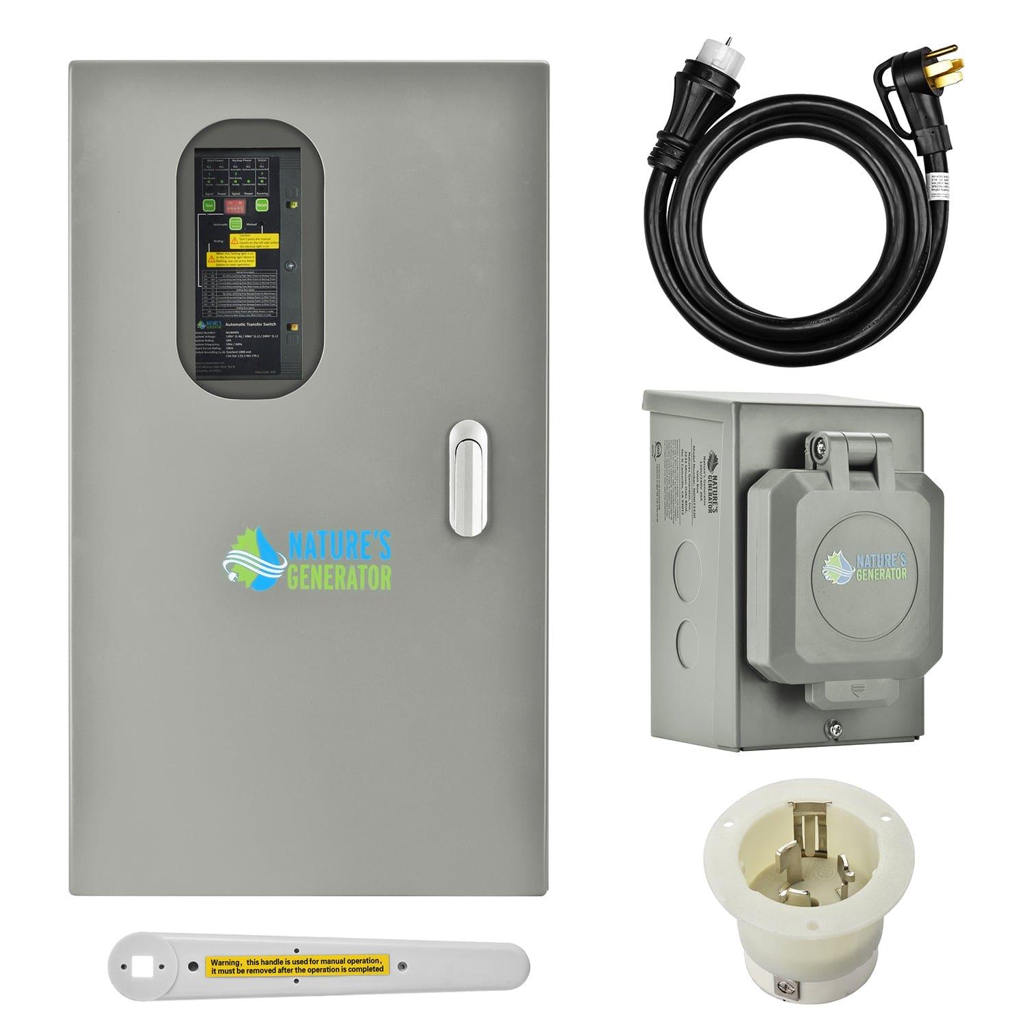 A gray Nature's Generator electrical panel, black dual-connector power cord, gray connection box, white power inlet, and yellow-white label—perfect for backup power or as an automatic transfer switch.