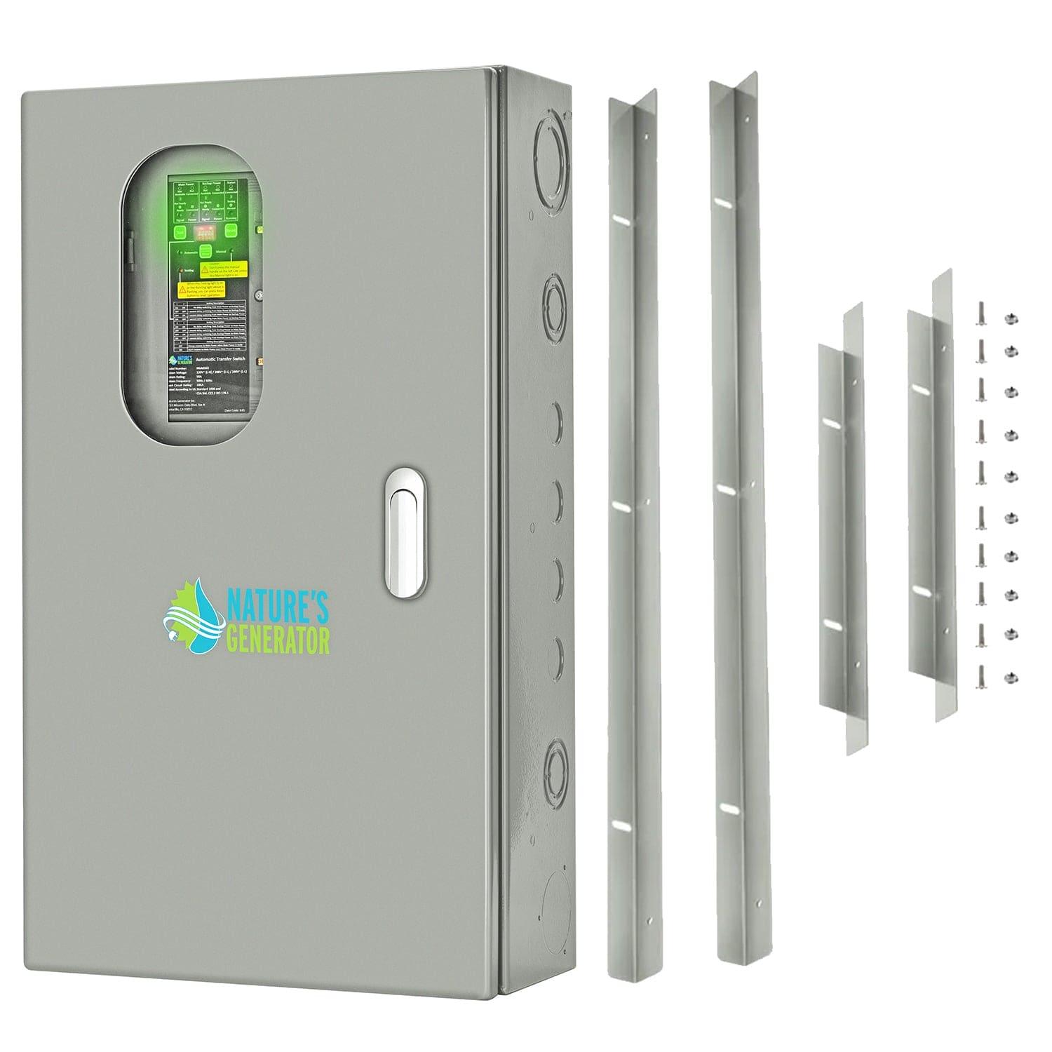 A gray Nature's Generator electrical panel, acting as a home generator transfer switch, features a viewing window, four metal mounting brackets, and included screws and fasteners—displayed on a white background.