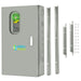 A gray Nature's Generator electrical panel, acting as a home generator transfer switch, features a viewing window, four metal mounting brackets, and included screws and fasteners—displayed on a white background.