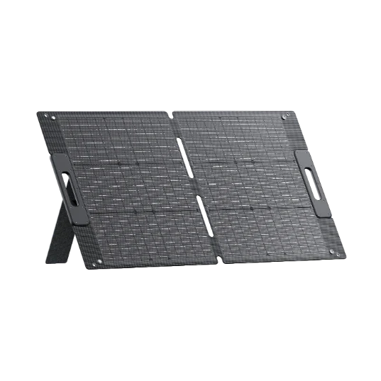 A black, foldable solar panel with two sections is shown standing upright on a white background. Featuring monocrystalline solar cells for maximum efficiency, this portable solar panel includes built-in handles and a supporting stand on the left side, making it ideal for off-grid power needs.