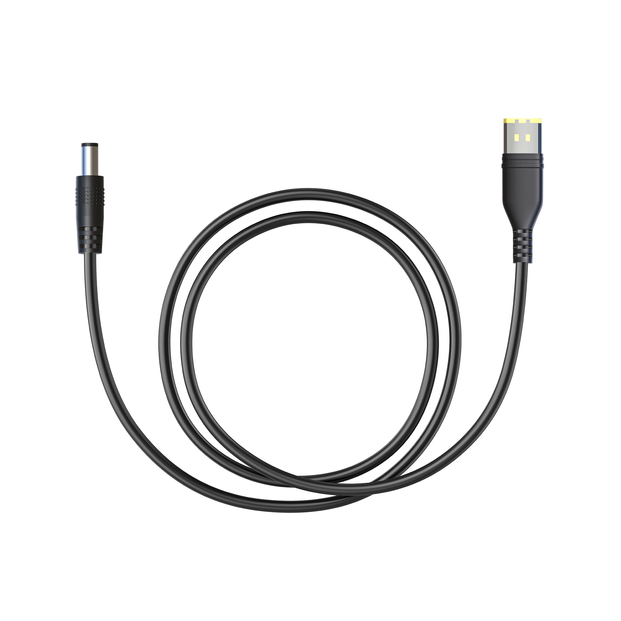 A black Bluetti cable with a USB-A connector on one end and a cylindrical DC power connector on the other, arranged in a loose coil on a white background.