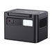 The ICECO Wholesale compact black printer boasts a sleek design with a clear on/off button and prominent front paper output slot. Its matte surface includes side vents resembling those in portable power stations for improved efficiency.