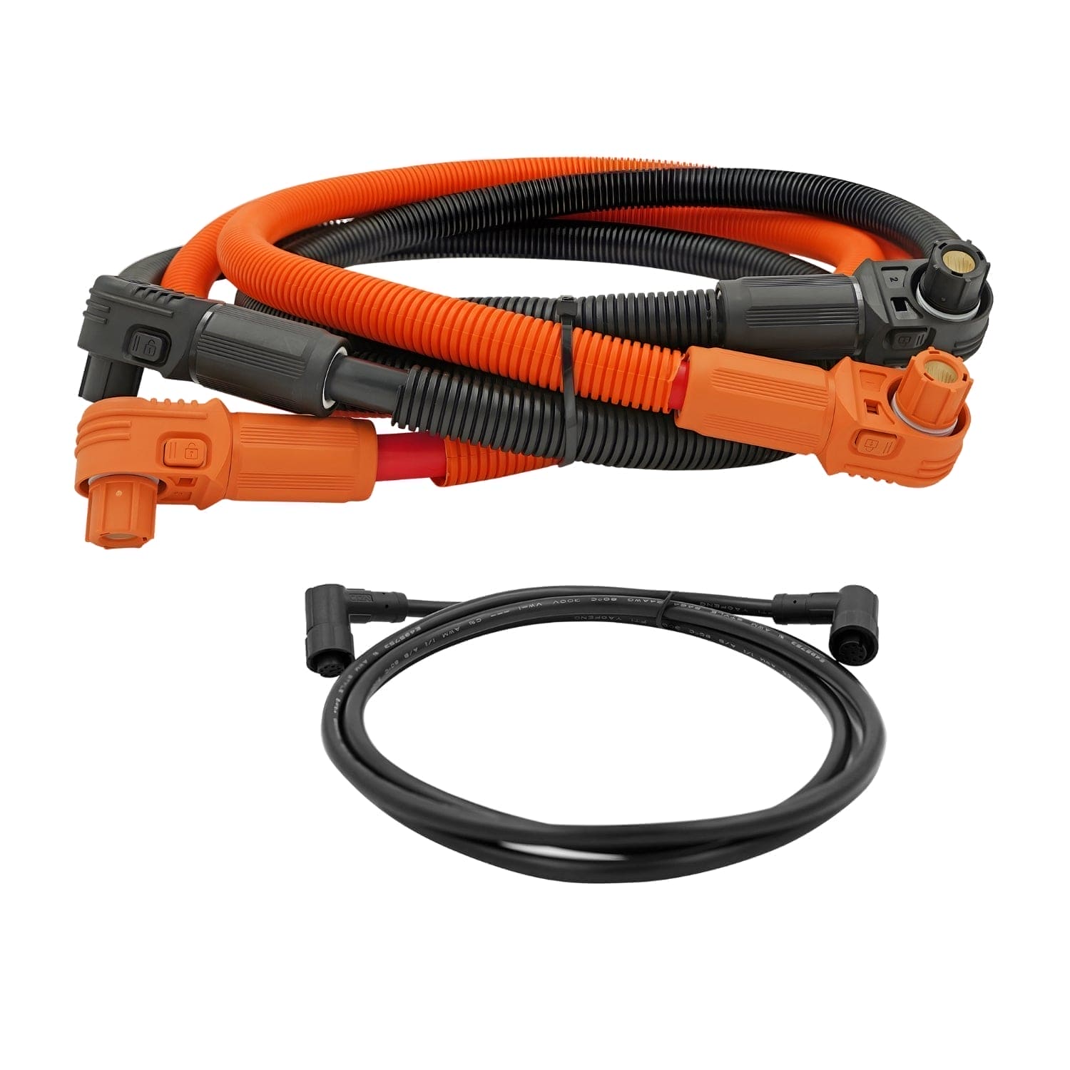 A coiled orange and black high-voltage cable with connectors from Nature's Generator is positioned above a black circular cable with connectors, perfect for connecting a 10kWh LiFePO4 solar battery for home backup, on a white background.