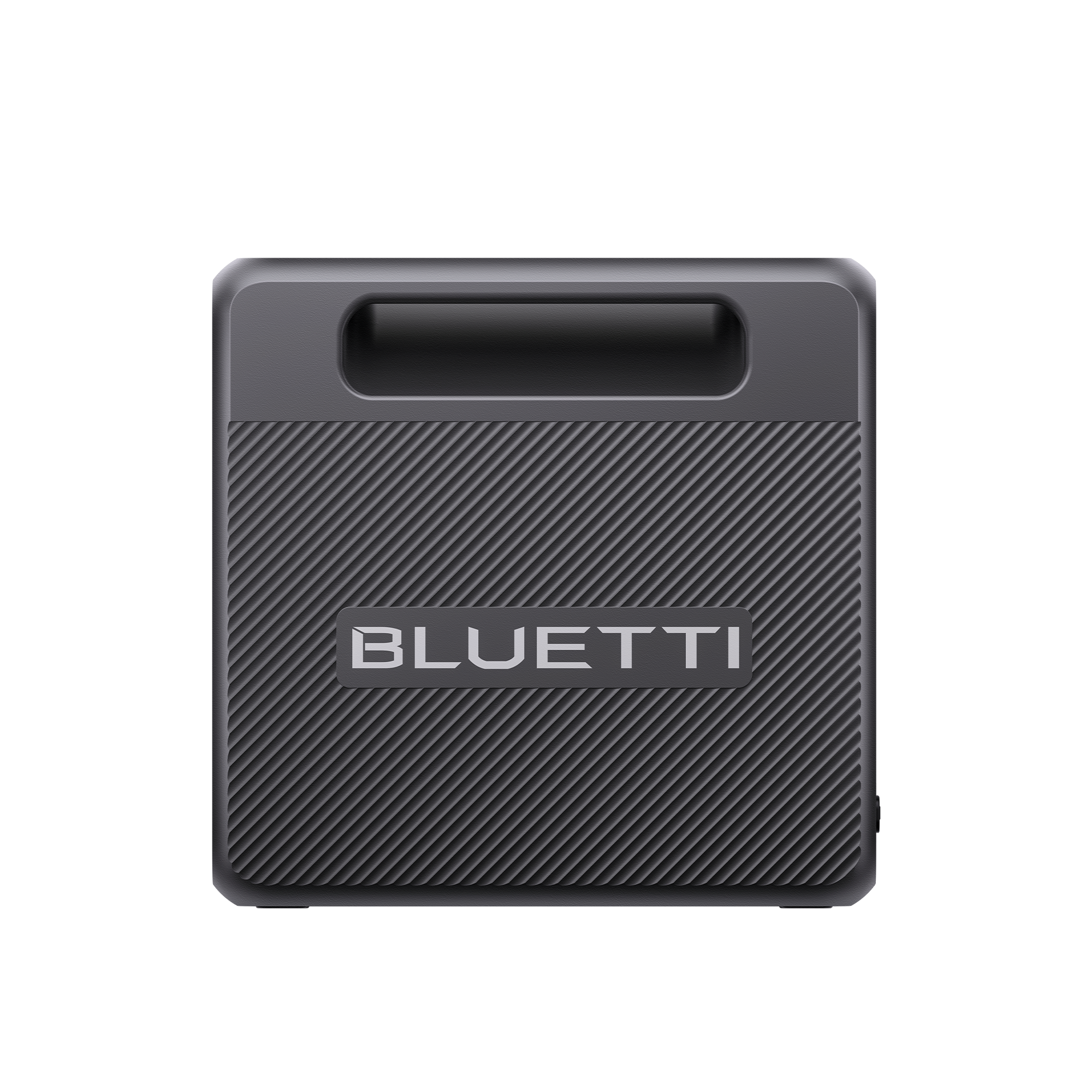 A compact, square-shaped Bluetti portable power station with a handle, textured lower panel, and the brand name “Bluetti” prominently printed on the front, set against a plain white background.