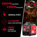 Promotional image for the PowerSmart portable inverter generator: 3800W surge/3300W running watts, manual start, quiet operation, 4.5 hrs half-load runtime, 149cc 4-stroke OHV engine. Group dining outdoors in the background.