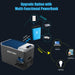 Image displaying an ACOPOWER product with an upgrade choice to a versatile power bank. Arrows illustrate the flow of charging and power between the device, rechargeable battery, and devices such as a laptop and phone. Text emphasizes a 154Wh power bank capability.
