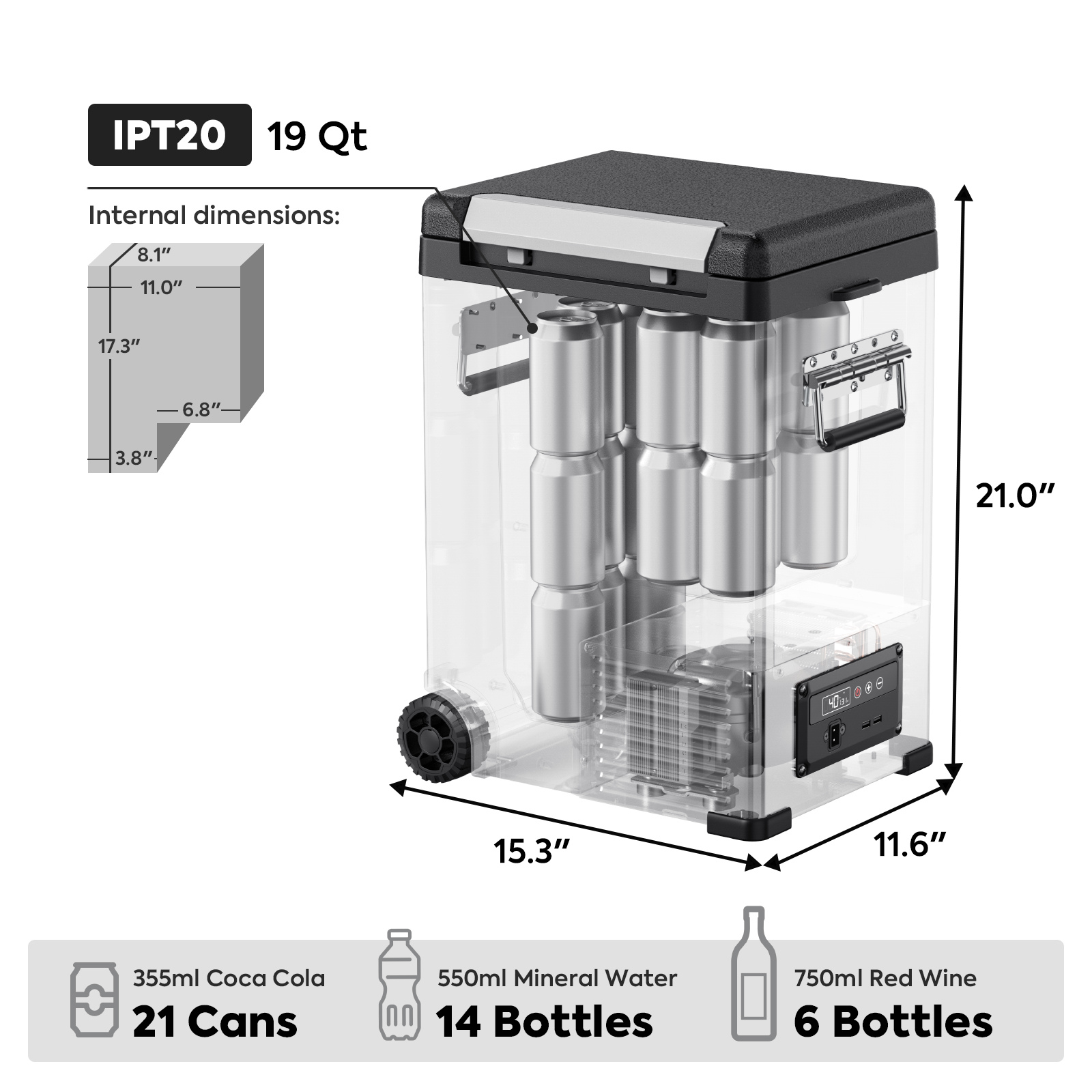 A diagram of the ICECO Wholesale IPT20 19-quart cooler shows internal dimensions and total height (21"), length (15.3"), and width (11.6"). It holds 21 cans, 14 water bottles, or 6 wine bottles—ideal as a portable or 12V freezer.