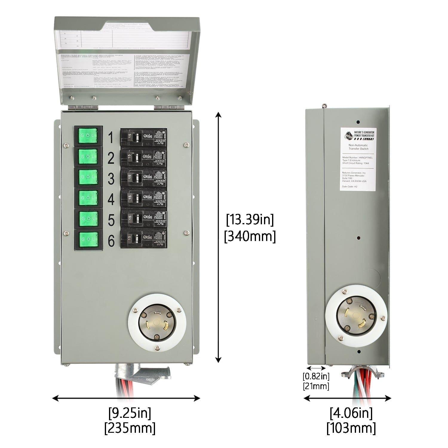 Nature's Generator metal electrical box features six green-labeled breakers, a circular L5-30P inlet at the bottom, and measures 13.39"H x 9.25"W x 4.06"D—perfect for a 30 Amp generator transfer switch kit. Front and side views shown.