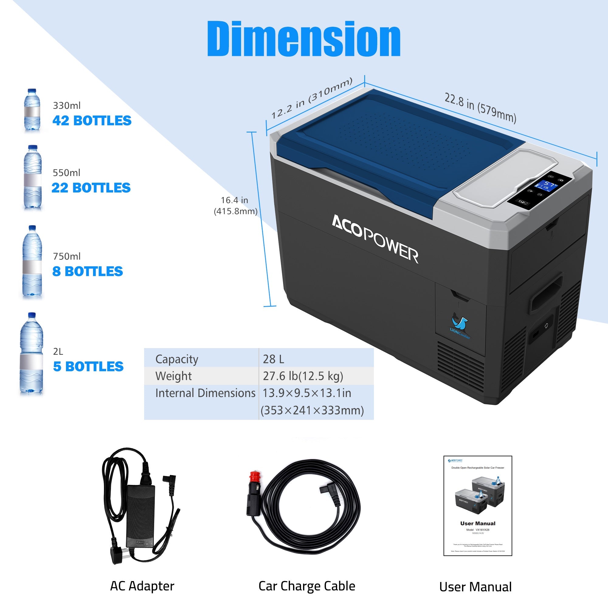Image of an ACOPOWER portable cooler, resembling a compact 28L refrigerator, with dimensions of 22.8 in x 12.6 in x 13.7 in and a weight of 27.6 lbs. It includes Smart APP Control for easy operation, along with an AC adapter, car charging cable, and user manual; assorted bottles showcase its capacity.