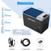 Image of an ACOPOWER portable cooler, resembling a compact 28L refrigerator, with dimensions of 22.8 in x 12.6 in x 13.7 in and a weight of 27.6 lbs. It includes Smart APP Control for easy operation, along with an AC adapter, car charging cable, and user manual; assorted bottles showcase its capacity.
