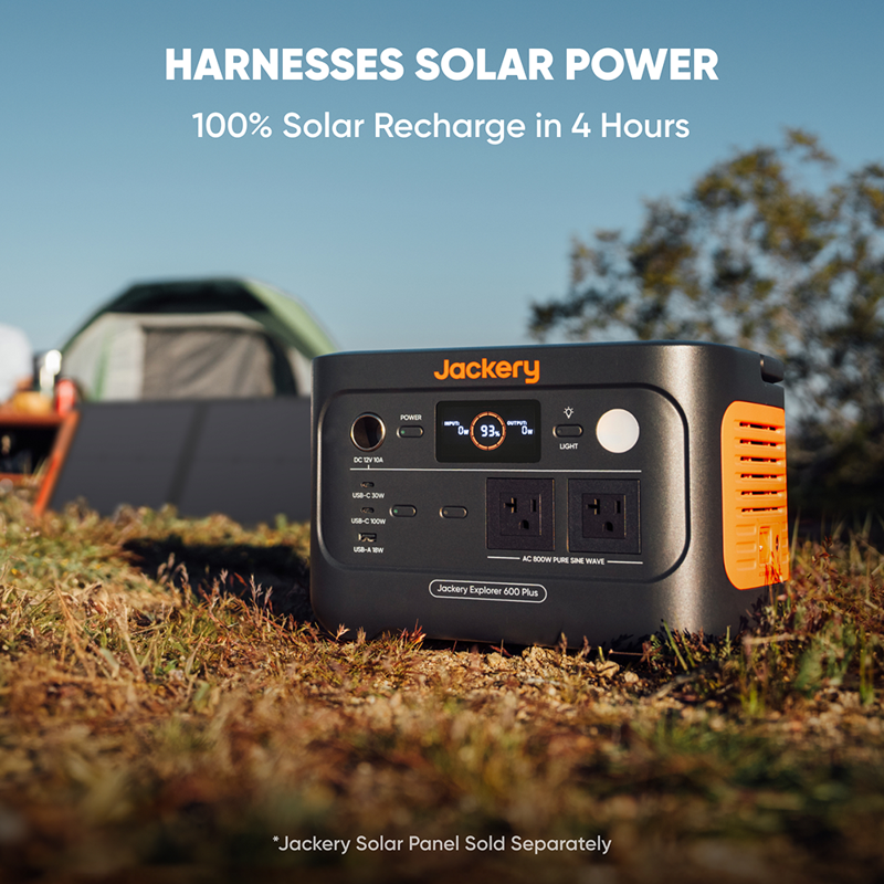 A Jackery solar power station sits on the grass with a tent and trees under a blue sky, featuring text: "Harness Solar Power, Fully Recharges 100% in 4 Hours.