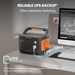 A "Jackery Explorer 600 Plus" portable power station is on a desk, powering a monitor and more. Features include "Reliable UPS Backup" with "<20ms Seamless Switching" and "UPS UL1778 Certified," ensuring durability for outdoor use.