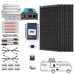 The ACOPOWER off-grid solar power system kit comprises solar panels, deep cycle batteries, an inverter, a charge controller, cables, connectors, and mounting brackets. Additionally, a diagram at the bottom outlines the installation process for a recreational vehicle (RV).