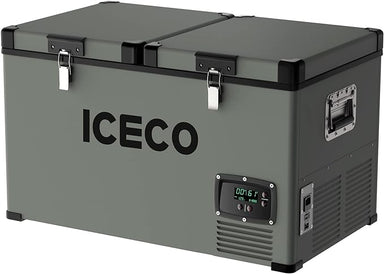 A dual zone portable fridge from ICECO Wholesale, in green, features two metal latches on top. The front includes a digital screen displaying "00161" alongside control buttons, and it is powered by a SECOP compressor. Side handles make carrying this 12V refrigerator easy.