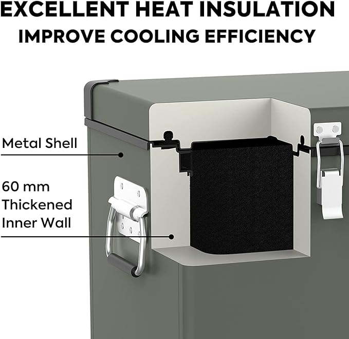 The cross-section of this ICECO Wholesale dual zone portable fridge reveals a green insulated container with a metal shell and a 60 mm thickened inner wall. Labels highlight its excellent heat insulation and improved cooling efficiency, powered by a SECOP compressor. Handles and latches adorn the exterior for convenience.