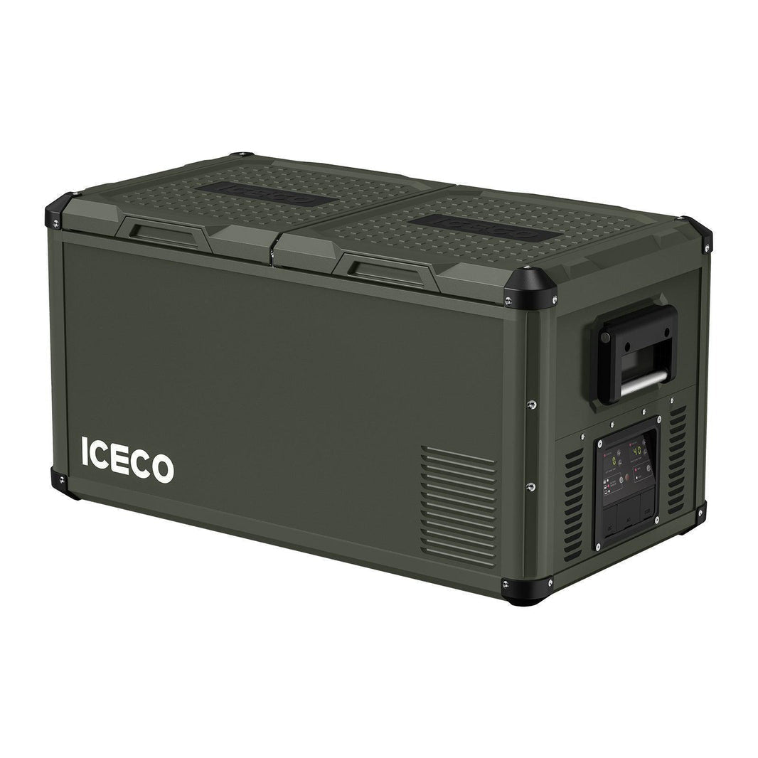 A spacious, green portable cooler boasting durable construction and the "ICECO Wholesale" brand on the side. Its robust rectangular design includes dual lids with textured surfaces and a control panel located at the front right corner, making it ideal as a 12v refrigerator for your adventures.