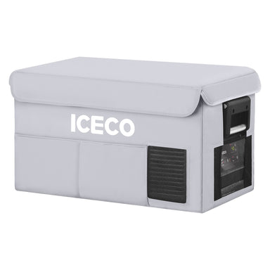 The gray ICECO Wholesale VL35ProS portable refrigerator is crafted with durable oxford nylon fabric for improved insulation, featuring a hinged lid, digital display, and vent openings on its side.