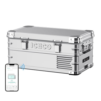 The stylish Silver ICECO Wholesale portable refrigerator features secure latches and side vents for efficient cooling, offering deep cooling capabilities and a smartphone app interface for remote temperature control.