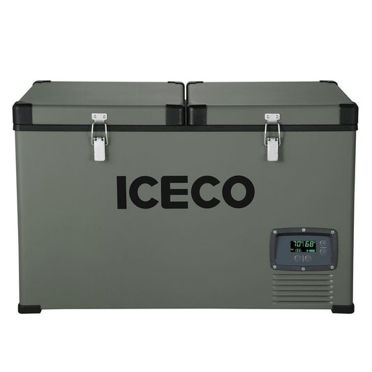 The ICECO Wholesale portable fridge freezer in large size and green color features dual zone compartments and a front digital display for temperature settings. Equipped with a Secop compressor, metal latches, and a robust design, it is ideal for outdoor use.