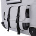 Close-up of a gray fabric bag with black buckle straps. A partially open pocket reveals electronic ports, including a USB port and headphone jack. Made from waterproof material, this sturdy bag has reinforced corners, ideal for protecting your ICECO Wholesale APL55 Portable Refrigerator.