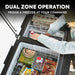 A person is placing a can inside a divided cooler filled with groceries like eggs, berries, and frozen meals. Text at the top reads "Dual Zone Operation: Fridge & Freezer At Your Command," featuring efficient cooling performance powered by an ICECO Wholesale Secop compressor.