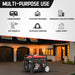 A PowerSmart 12000-watt generator sits on a driveway at dusk outside a large house, with icons above showing uses for caravanning, DIY projects, outdoor weddings, camping, emergency backup power, and large parties.