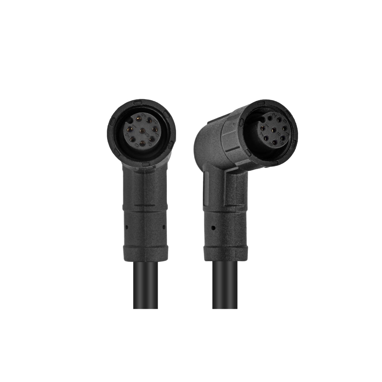 Two black right-angle circular electrical connectors with multiple pins, attached to black cables, are shown on a white background—perfect for integrating a Nature's Generator 10kWh LiFePO4 solar battery in home and solar energy systems.