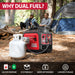 A red PowerSmart dual fuel inverter generator connects to a propane tank at a forest campsite. Two people relax by a campfire and blue tent. The text above asks, "WHY DUAL FUEL?" with four icons displaying its advantages.