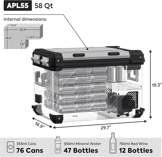 Image of a large, transparent ICECO Wholesale storage container labeled APL55, boasting a 58 Qt capacity. It holds 76 cans or 47 bottles of 550ml mineral water and is perfect for complementing your dual-zone freezer setup while storing beverages with your 12-volt freezer items.