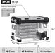 Image of a large, transparent ICECO Wholesale storage container labeled APL55, boasting a 58 Qt capacity. It holds 76 cans or 47 bottles of 550ml mineral water and is perfect for complementing your dual-zone freezer setup while storing beverages with your 12-volt freezer items.