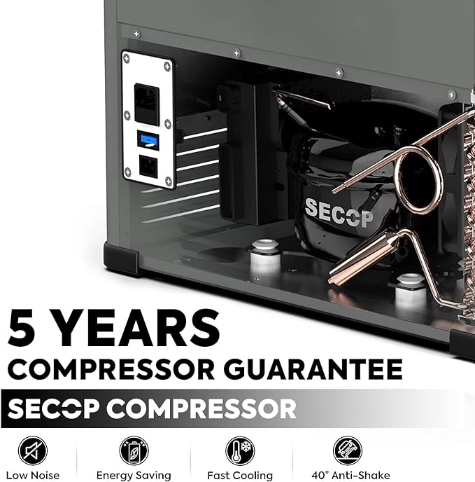 A close-up of an ICECO Wholesale compressor in a transparent casing within a 12V refrigerator highlights its key features. Text reads "5 Years Compressor Guarantee, Secop Compressor." Icons with labels: low noise, energy saving, fast cooling, and 40° anti-shake make it ideal for your dual zone portable fridge needs.