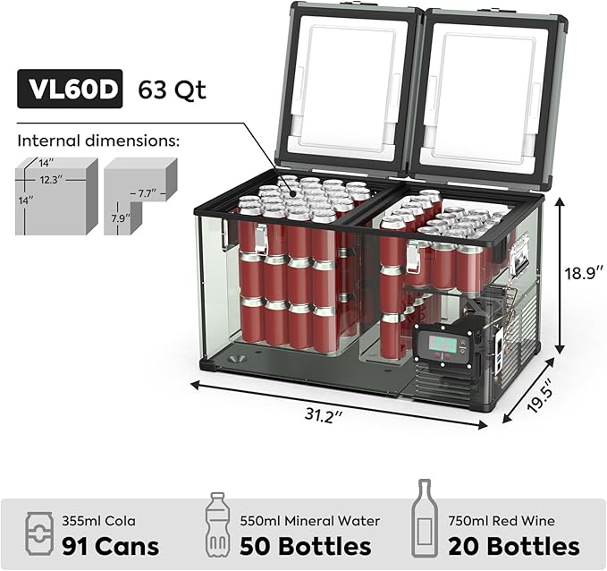 Image of an ICECO Wholesale dual zone portable fridge with two open lids, revealing compartments filled with cans and bottles. Dimensions on the side display 31.2" x 19.5" x 18.9". Text below reads "VL60D 63 Qt," indicating capacity details for cola, water, and wine bottles, featuring a powerful SECOP compressor.