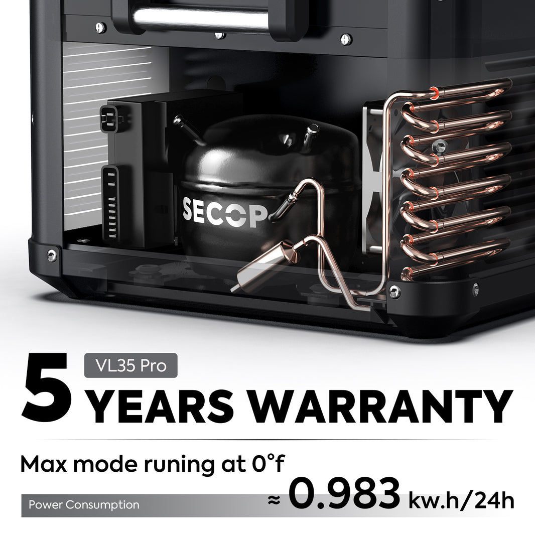 A close-up of an ICECO Wholesale compressor showcases visible copper coils and a black tank with the "SECOP" label. Its robust construction promises durability, backed by a 5-year warranty. With the VL35 Pro model, you can enjoy max mode at 0°F and efficient power usage at around 0.983 kWh/24h for your refrigerator needs.