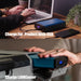 The image is split in two: the top shows an ACOPOWER high-capacity power bank charging a laptop and phone via USB; the bottom shows the same ACOPOWER power bank being inserted into a portable freezer battery for travel, with text labels for each scenario.