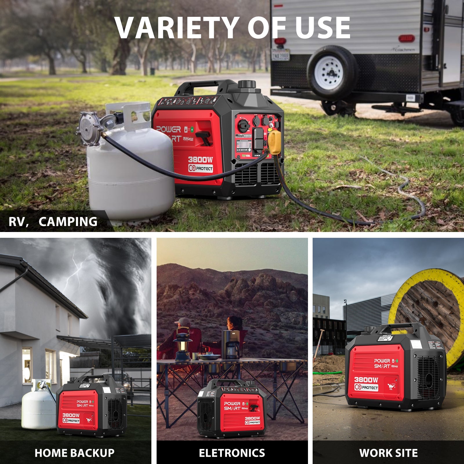 A PowerSmart portable dual fuel inverter generator is featured in different settings: hooked to a trailer for camping, outside a modern home for backup, powering electronics outdoors, and at a worksite near construction supplies.