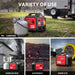 A PowerSmart portable dual fuel inverter generator is featured in different settings: hooked to a trailer for camping, outside a modern home for backup, powering electronics outdoors, and at a worksite near construction supplies.