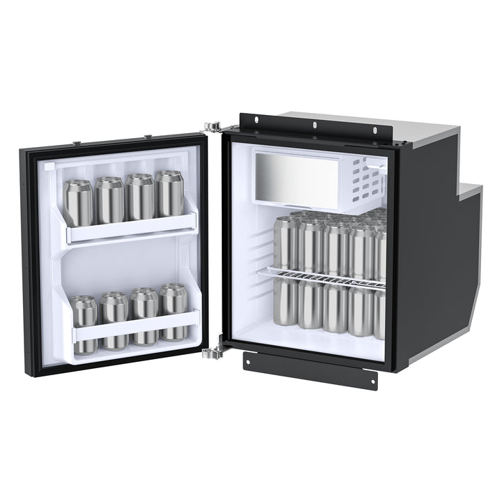 An ICECO Wholesale black fridge with a SECOP Compressor efficiently cools its interior, where neatly arranged metal canisters fill two shelves and a door shelf. Ideal for RV setups with the door ajar displaying your adventure essentials.