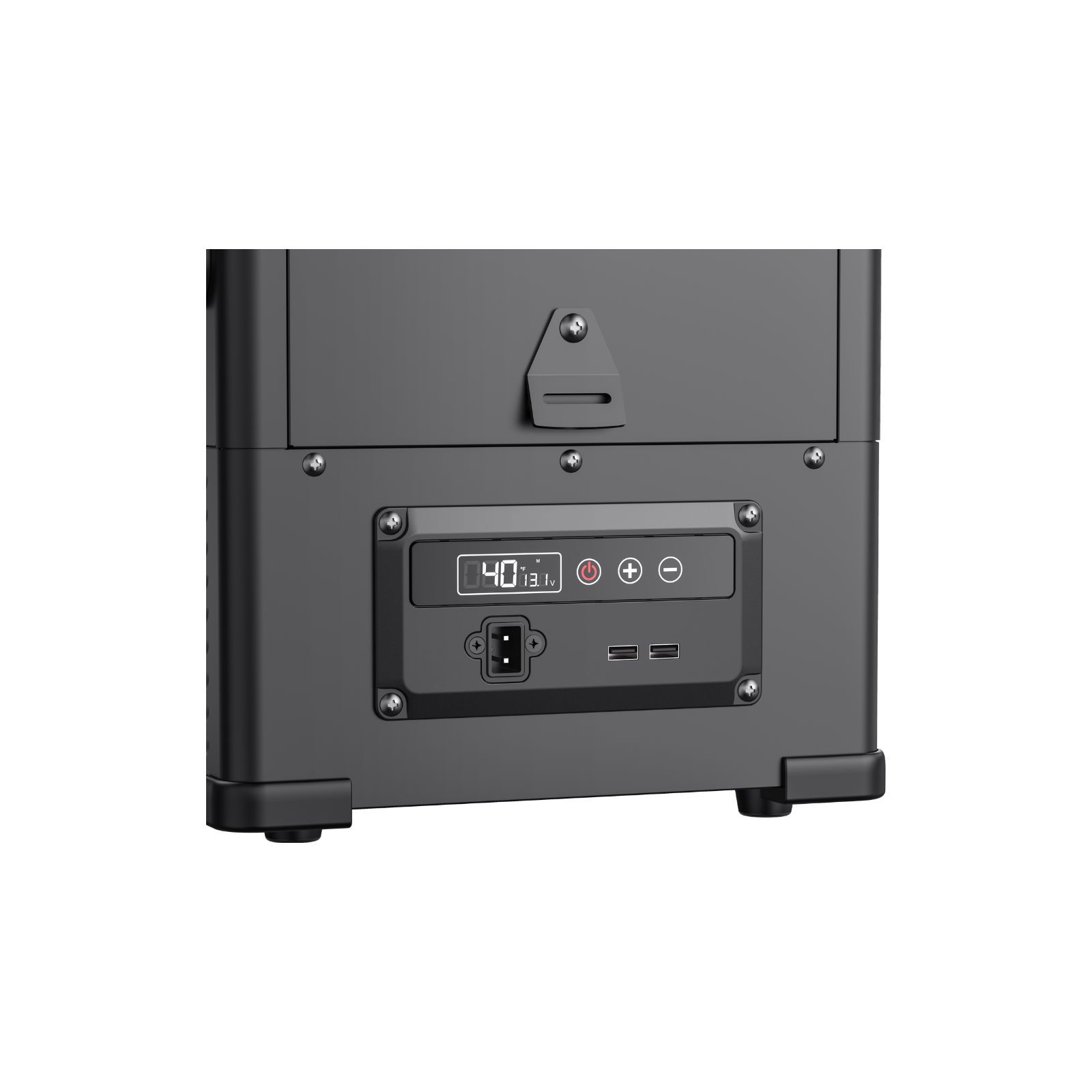 Close-up view of the lower part of an ICECO Wholesale black 12 Volt Freezer with a digital display reading "40," multiple buttons, ports, and a power socket mounted on a rectangular panel with visible screws.