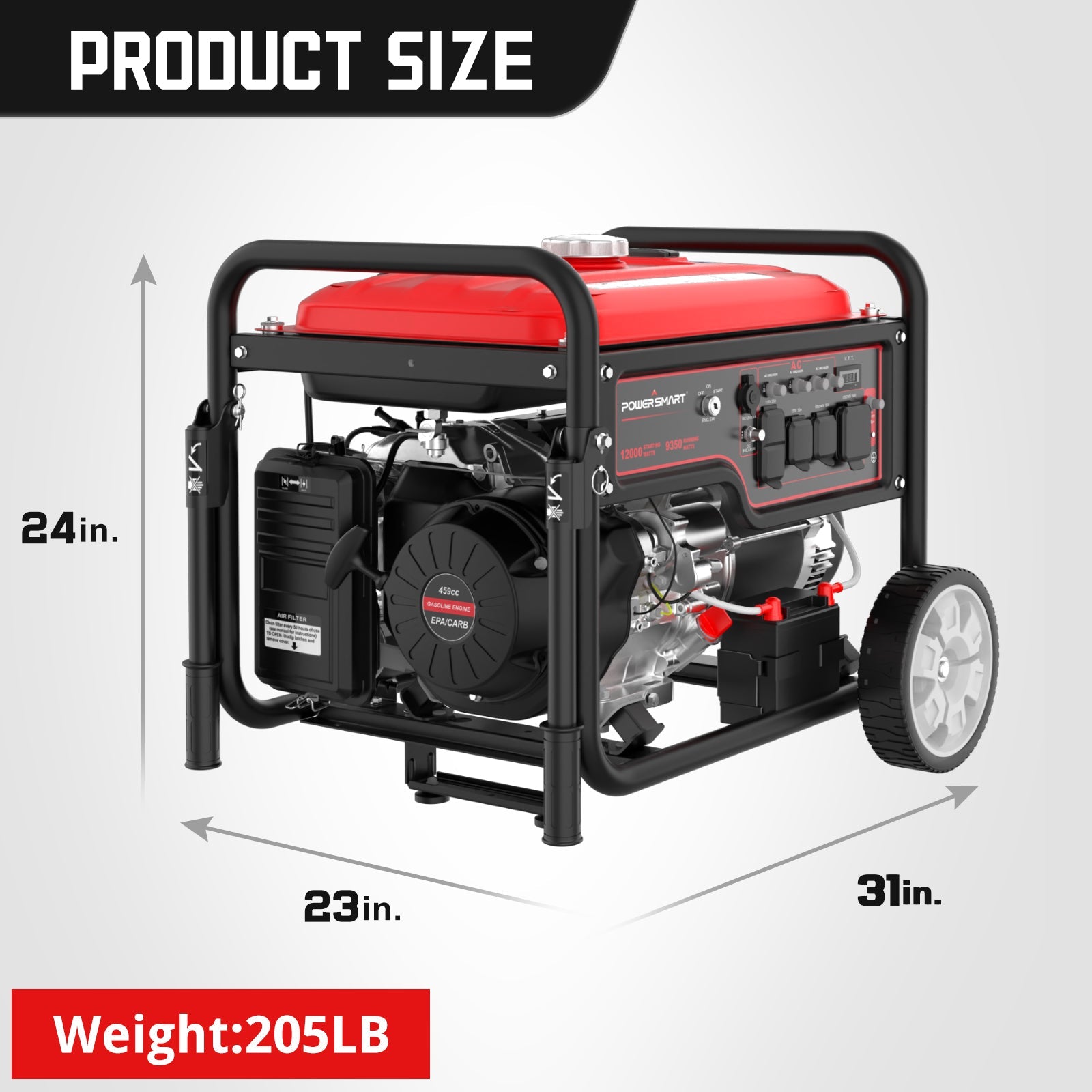The PowerSmart 12000 watt portable generator features a red top, black frame, two wheels, and a handle for easy transport. It measures 24" tall, 23" wide, 31" long, and weighs 205 lbs.