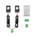 A set of Bluetti electrical components is arranged on a white background, including two clamp sensors with wires, a rectangular control unit labeled “AGF-AE-D/200,” and two green terminal blocks with contact points.