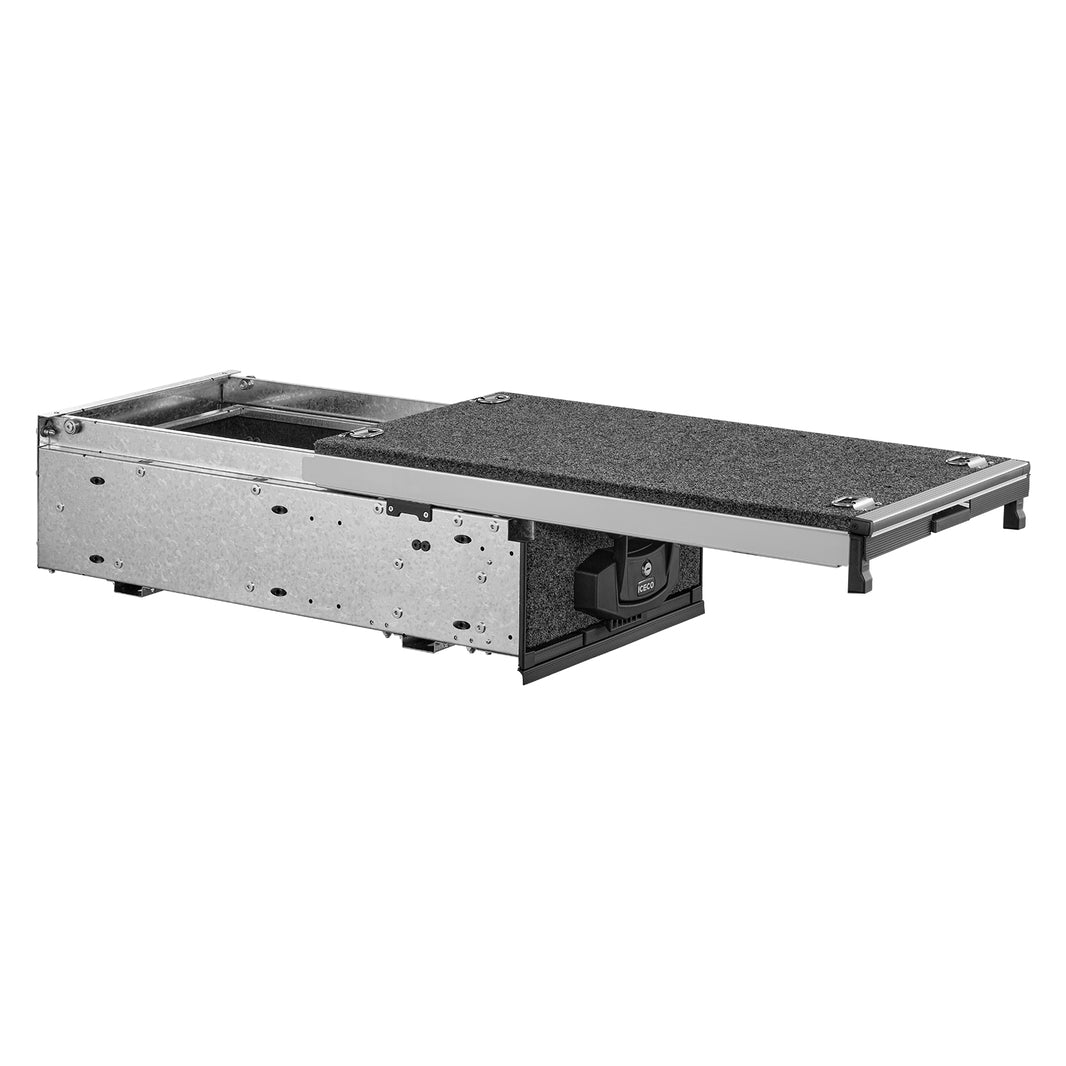 The ICECO Wholesale DS27 Roller Drawer System offers a durable storage solution with a carpeted top and partially extended drawer for ample space. Made from galvanized sheet metal, it’s designed for utility or vehicle use, showcasing sturdy construction and a simple, functional design.