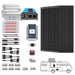 ACOPOWER showcases an RV solar power kit featuring an off-grid solar system that includes four panels, an inverter, and a set of three deep cycle batteries with a charge controller. The kit comes complete with wiring, connectors, circuit breakers, and installation accessories. A diagram is provided to illustrate the setup on an RV.